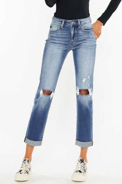 Kancan High Waist Distressed Hem Detail Cropped Straight Jeans.