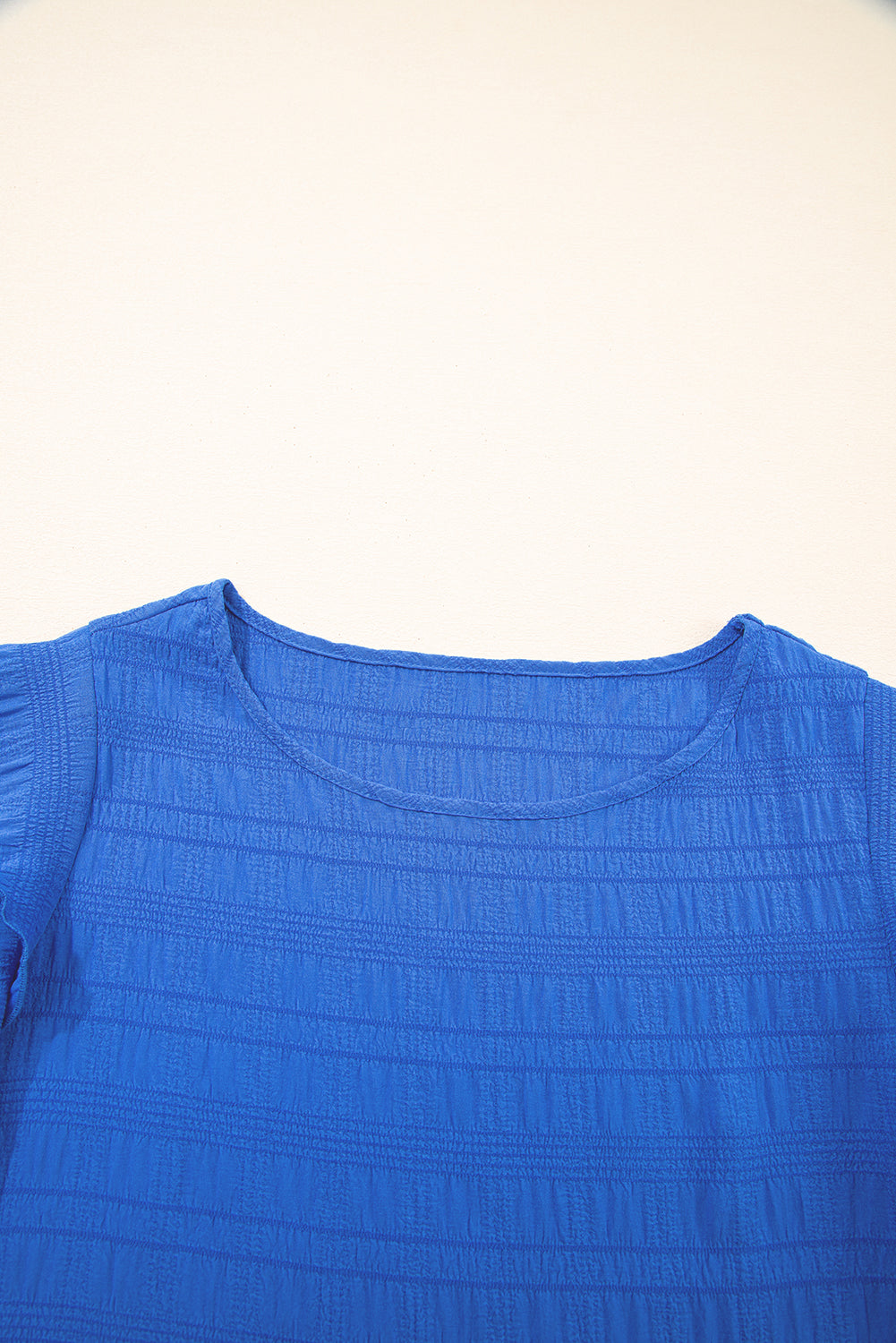 Dark Blue Textured Ruffled Sleeve Round Neck Top.