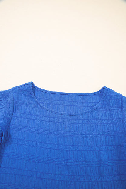 Dark Blue Textured Ruffled Sleeve Round Neck Top.