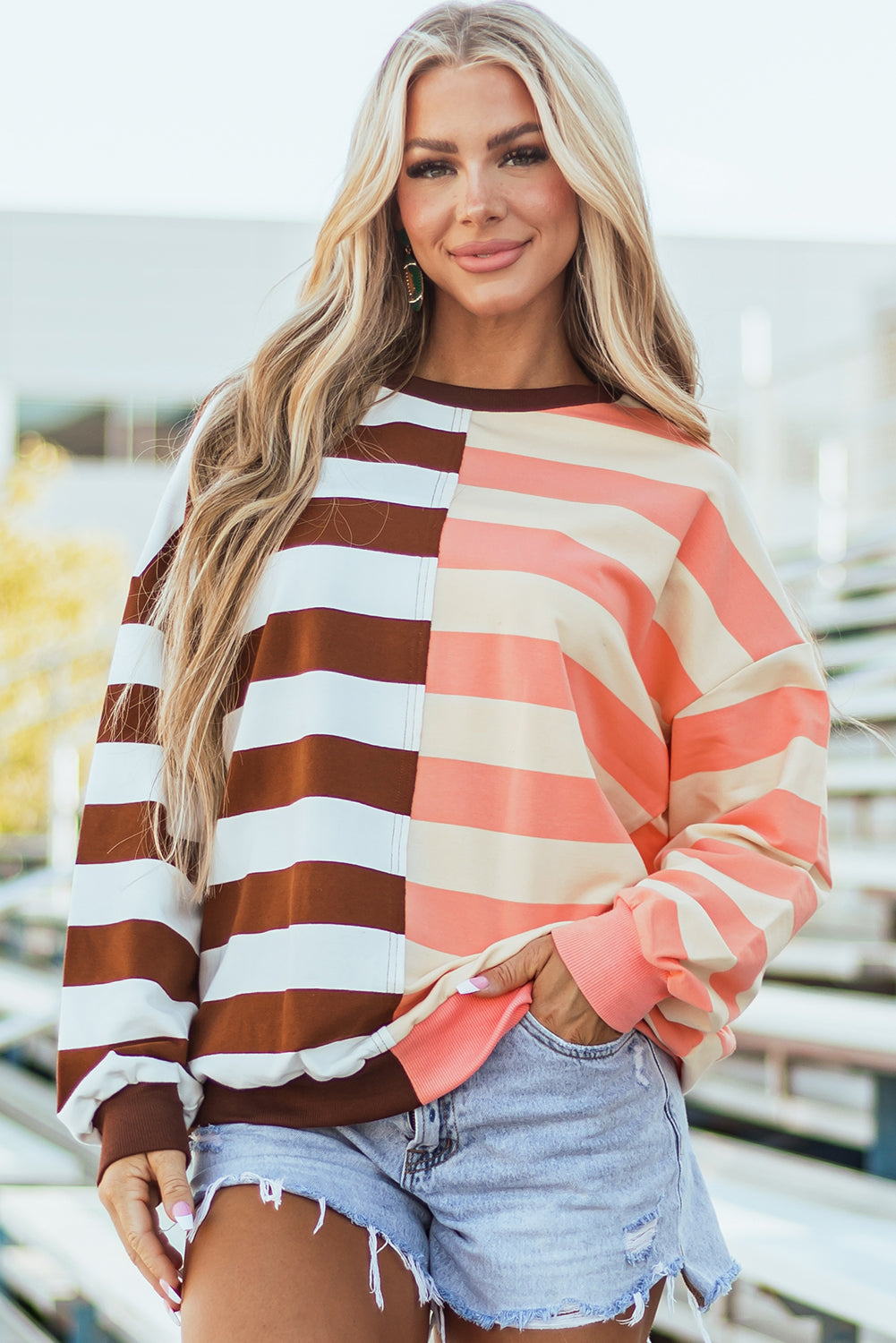 Brown Stripe Color Block Drop Shoulder Pullover Sweatshirt.
