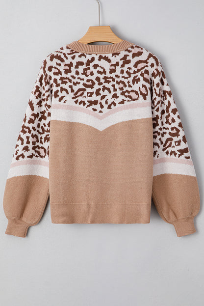 Straw Yellow Leopard Colorblock Patchwork Round Neck Sweater