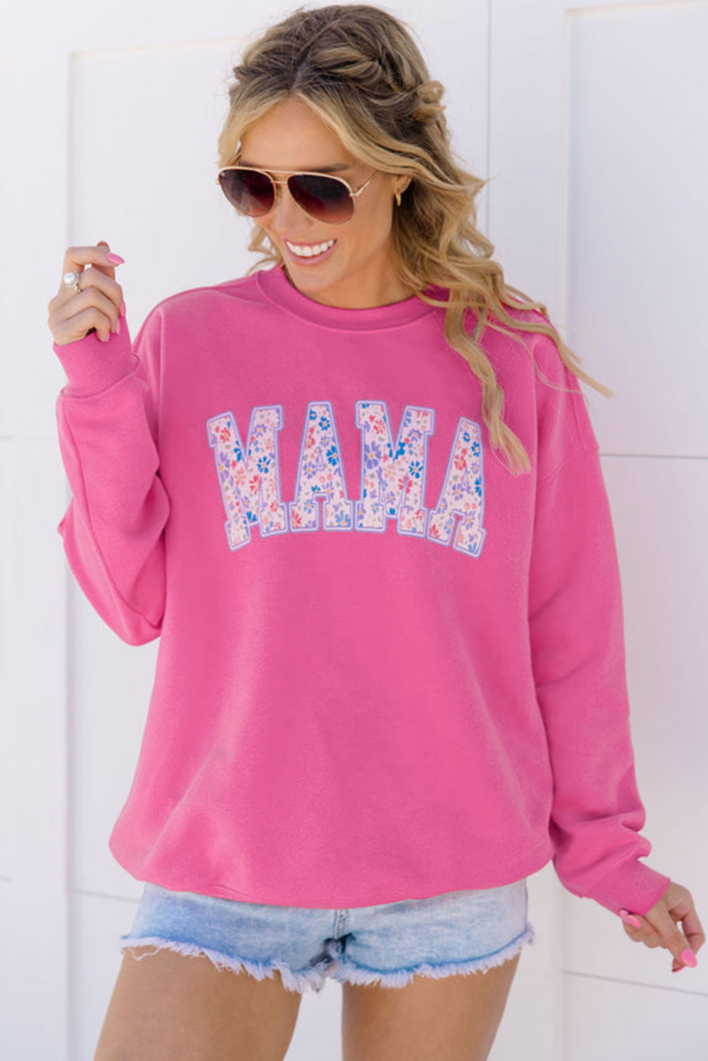 Rose Red Floral MAMA Embroidered Graphic Pullover Sweatshirt.