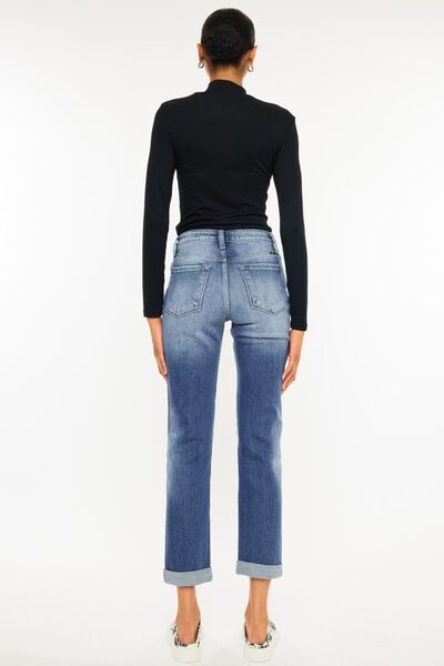 Kancan High Waist Distressed Hem Detail Cropped Straight Jeans.