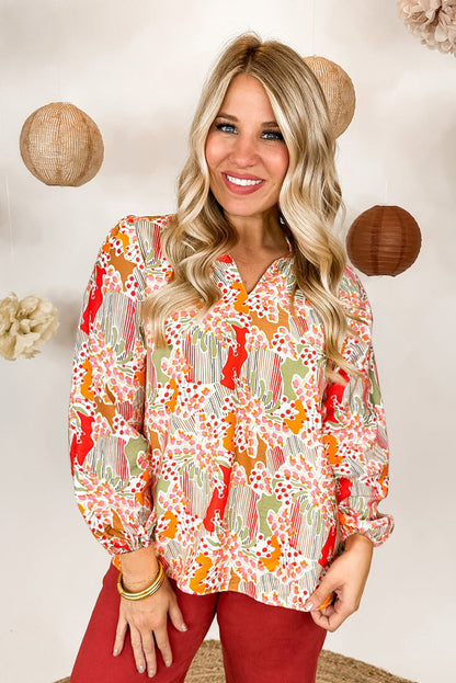 Orange Printed Split V Neck Puff Sleeve Blouse.