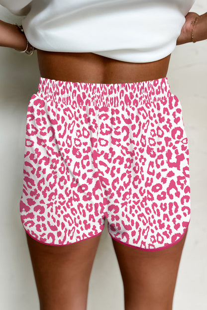 Pink Leopard Elastic Waistband Lace up Contrast Trim Casual Shorts.