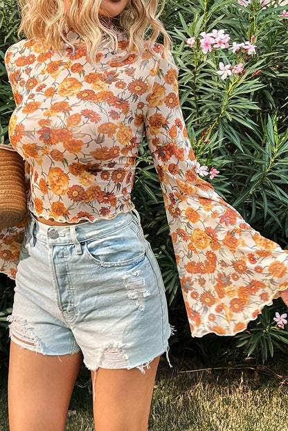 Orange Floral Printed Bell Sleeve Mock Neck Scallop Trim Blouse.