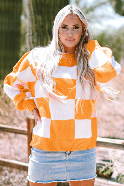 Orange Checkered Bishop Sleeve Sweater.