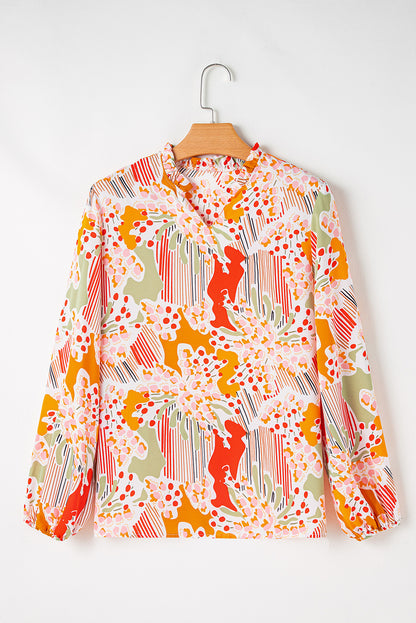 Orange Printed Split V Neck Puff Sleeve Blouse.