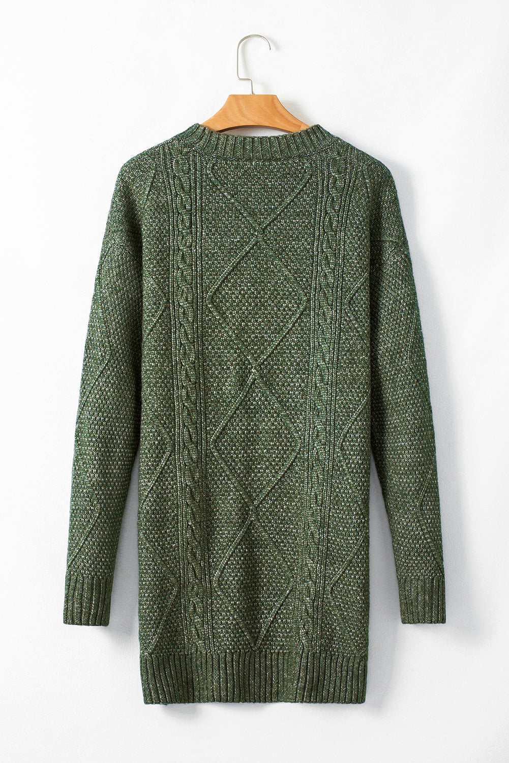 Mist Green Cable Knit Drop Shoulder Loose Fit Sweater Dress.