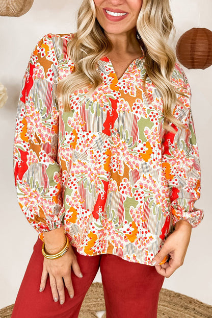Orange Printed Split V Neck Puff Sleeve Blouse.