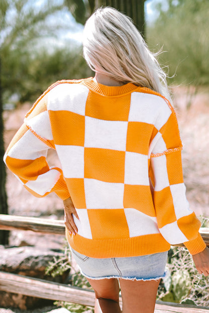 Orange Checkered Bishop Sleeve Sweater.