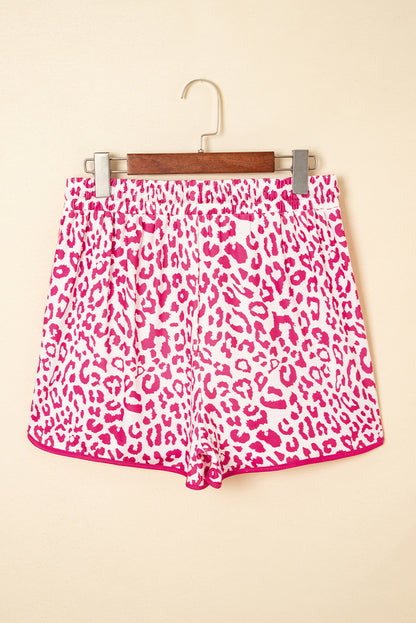 Pink Leopard Elastic Waistband Lace up Contrast Trim Casual Shorts.
