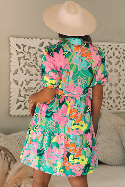 Green Floral Puff Sleeve Collar Buttoned Babydoll Dress.