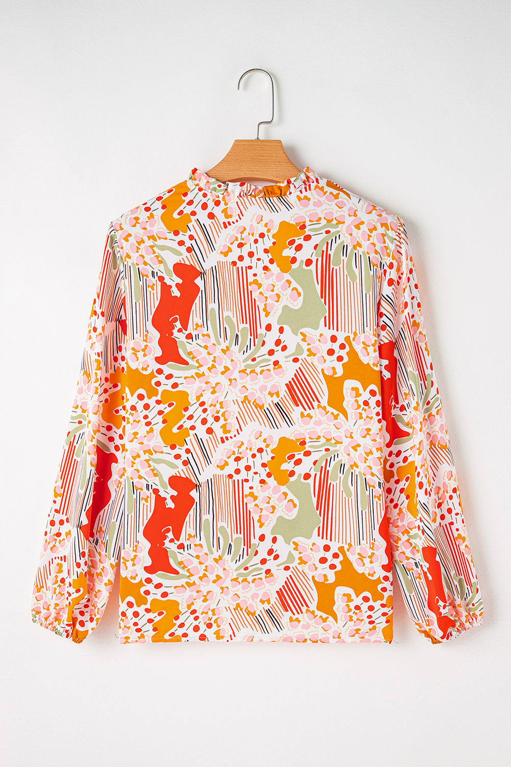 Orange Printed Split V Neck Puff Sleeve Blouse.