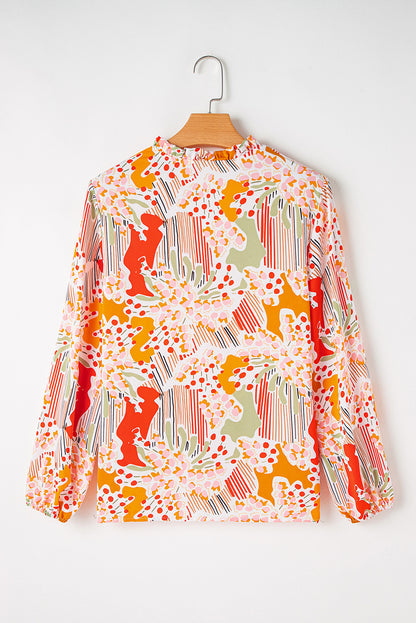 Orange Printed Split V Neck Puff Sleeve Blouse.