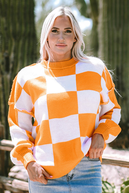 Orange Checkered Bishop Sleeve Sweater.