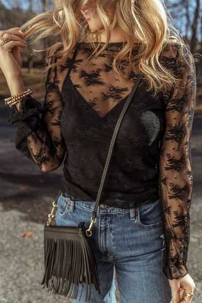 Black Lace Mesh Crochet Splicing Slim Fit Long Sleeve Blouse.