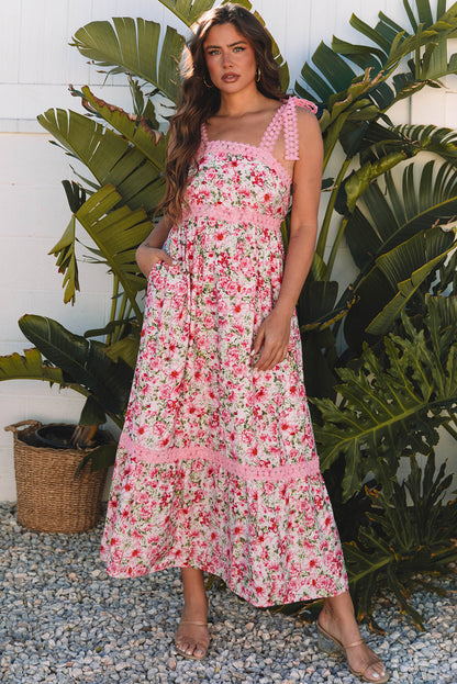 Pink Floral Lace Tied Strap Empire Waist Maxi Dress.