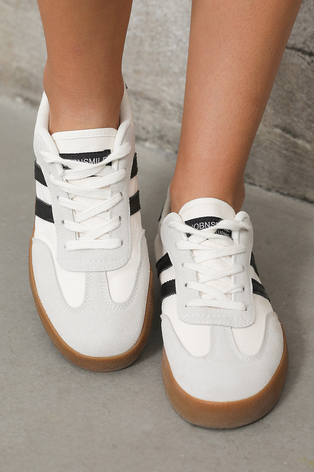White Striped Lace-up Flat Sneakers.