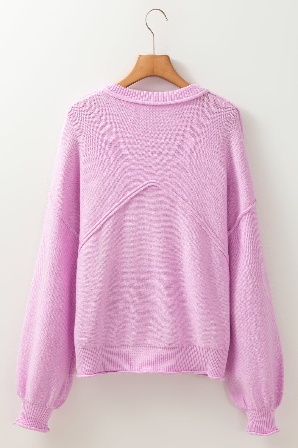 Pink Raw Edge Ribbed Detail Drop Shoulder Sweater.