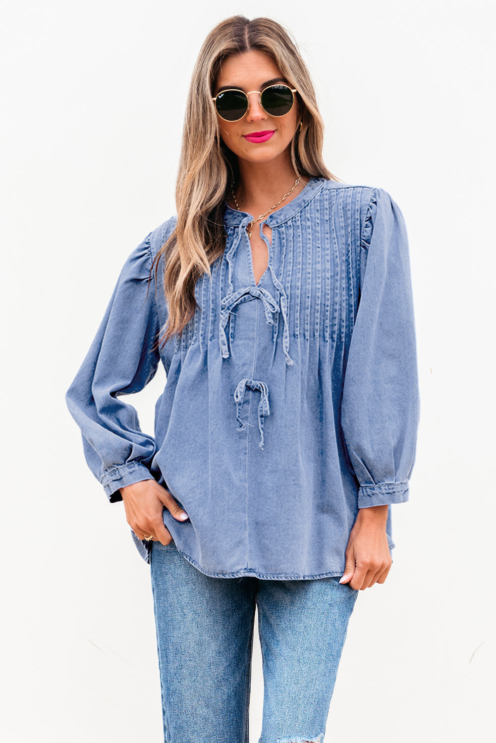 Myosotis Denim Front Pintuck Bow Tie Puff Sleeve Top.