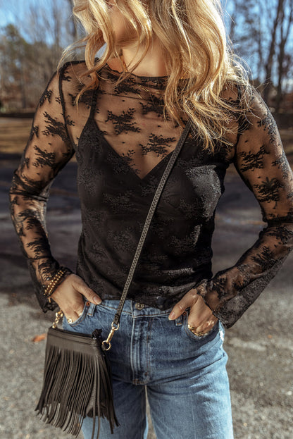 Black Lace Mesh Crochet Splicing Slim Fit Long Sleeve Blouse.