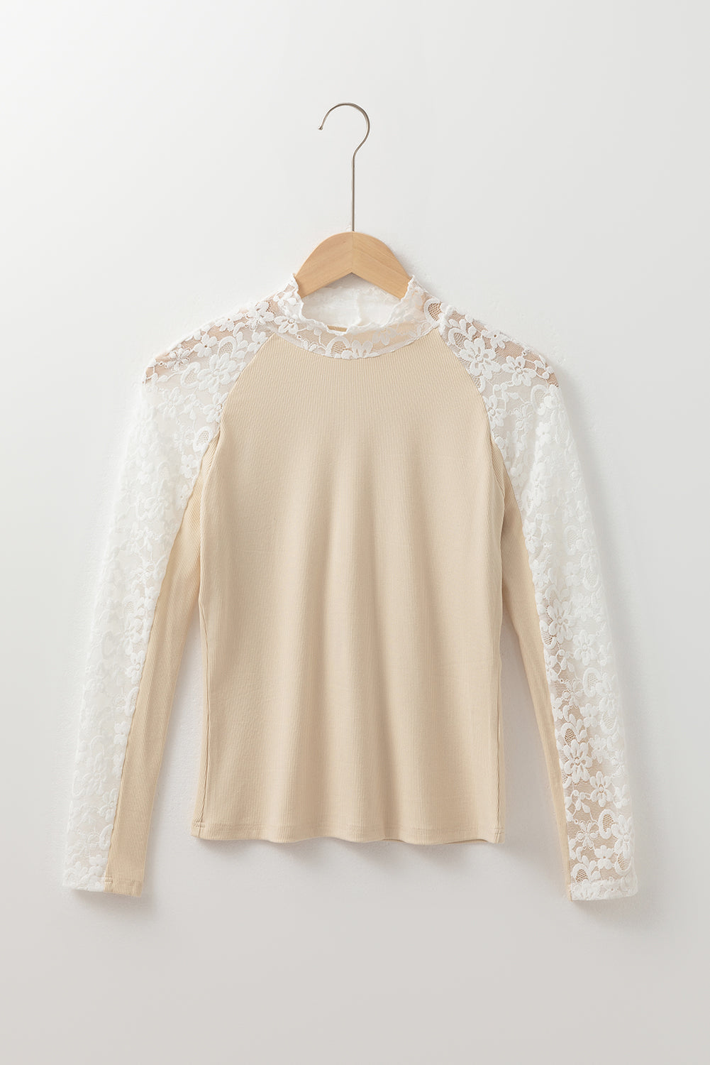 Beige Floral Lace Patchwork Long Sleeve High Neck Slim Top.