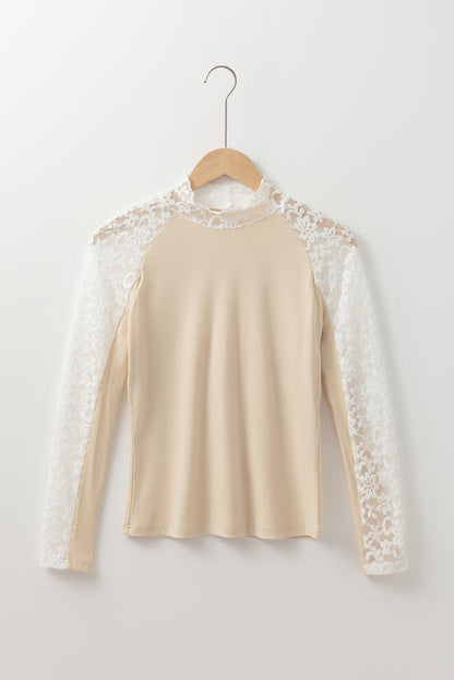 Beige Floral Lace Patchwork Long Sleeve High Neck Slim Top.