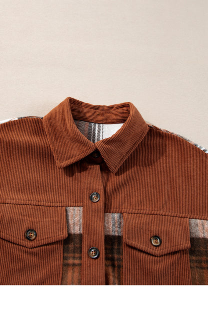 Cinnamon Plaid Corduroy Patchwork Chest Pocket Shacket.