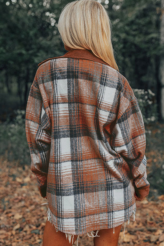 Cinnamon Plaid Corduroy Patchwork Chest Pocket Shacket.