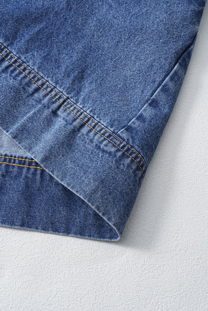 Blue Short Sleeve Collared Patched Pocket Denim Mini Dress.