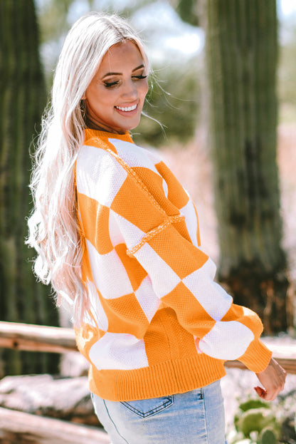 Orange Checkered Bishop Sleeve Sweater.