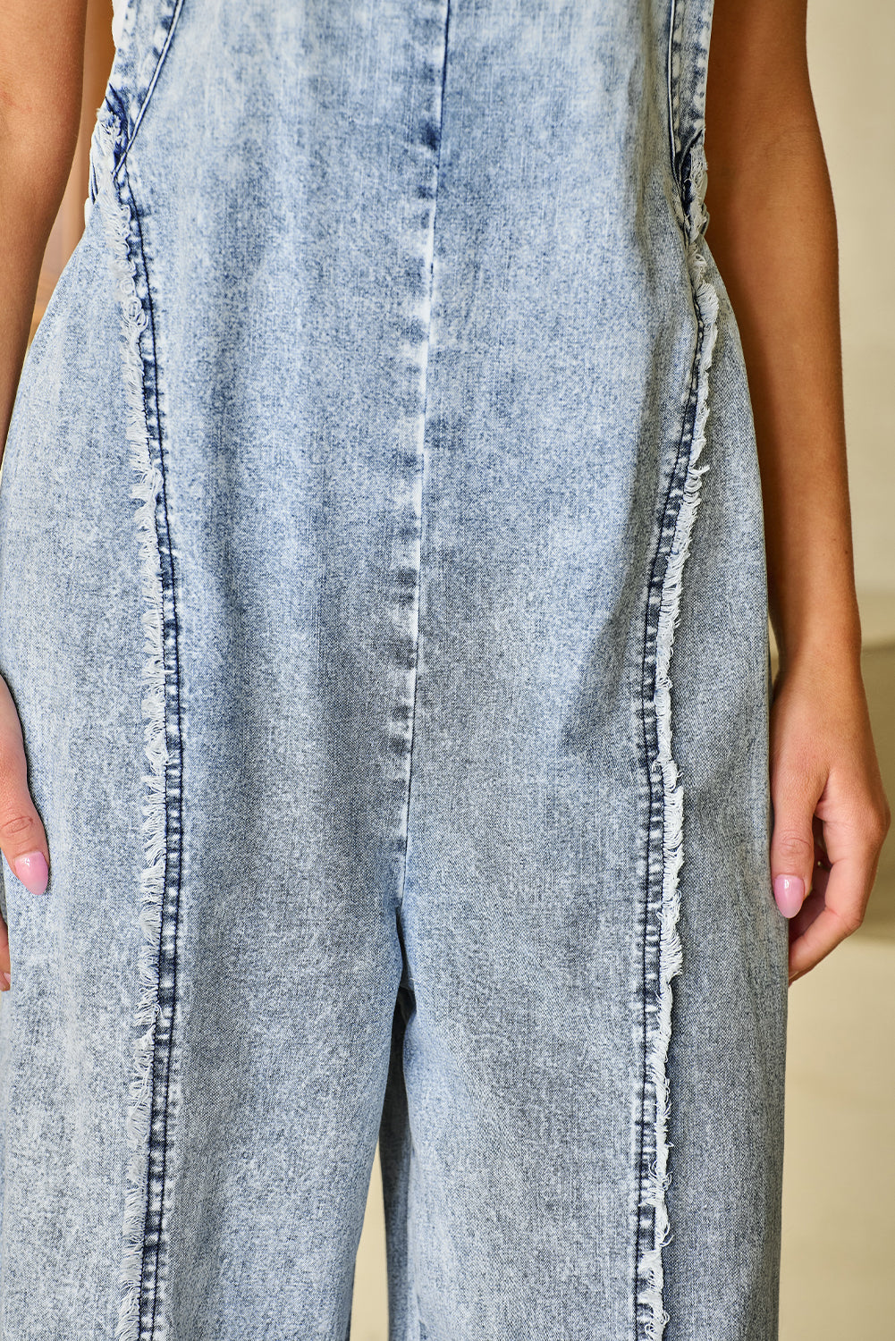 Beau Blue Light Wash Frayed Exposed Seam Wide Leg Denim Overall.