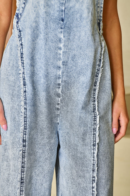 Beau Blue Light Wash Frayed Exposed Seam Wide Leg Denim Overall.