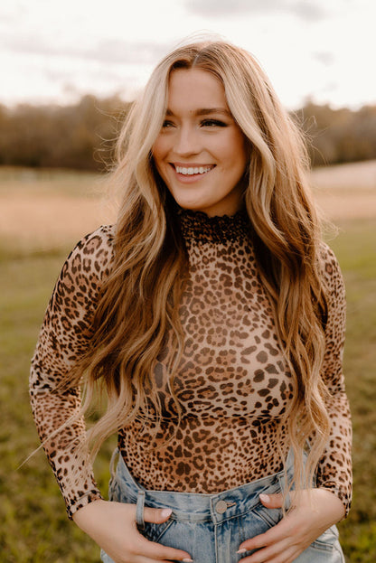 Brown Leopard Smocked Neck Mesh Long Sleeve Bodysuit.