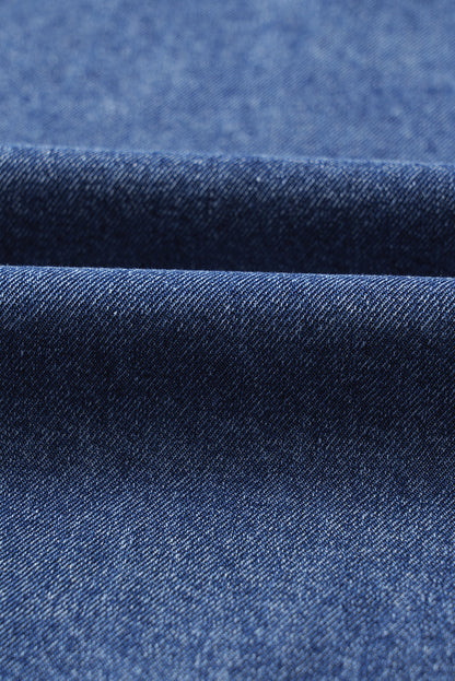 Blue Short Sleeve Collared Patched Pocket Denim Mini Dress.