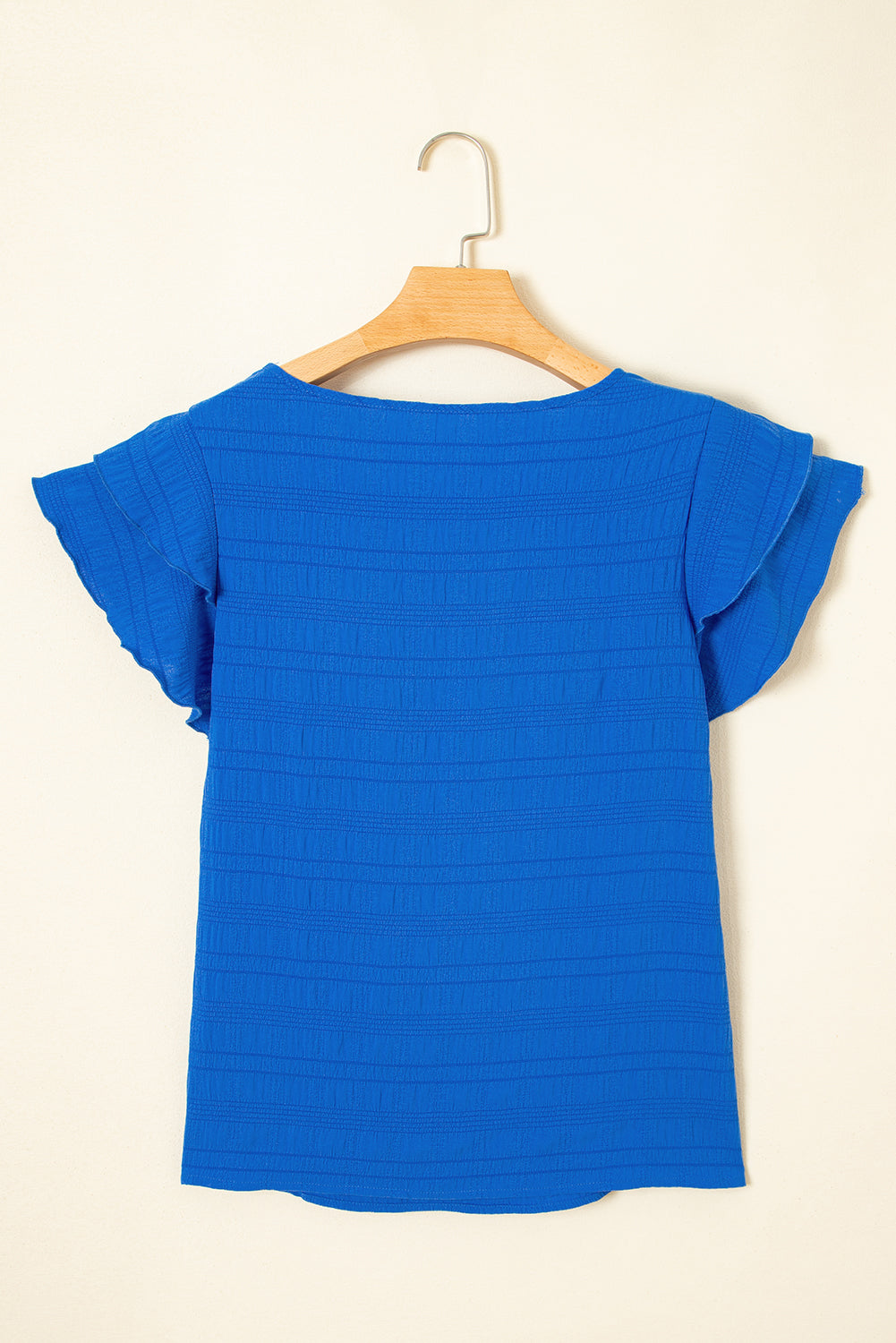 Dark Blue Textured Ruffled Sleeve Round Neck Top.