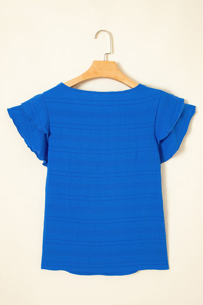 Dark Blue Textured Ruffled Sleeve Round Neck Top.