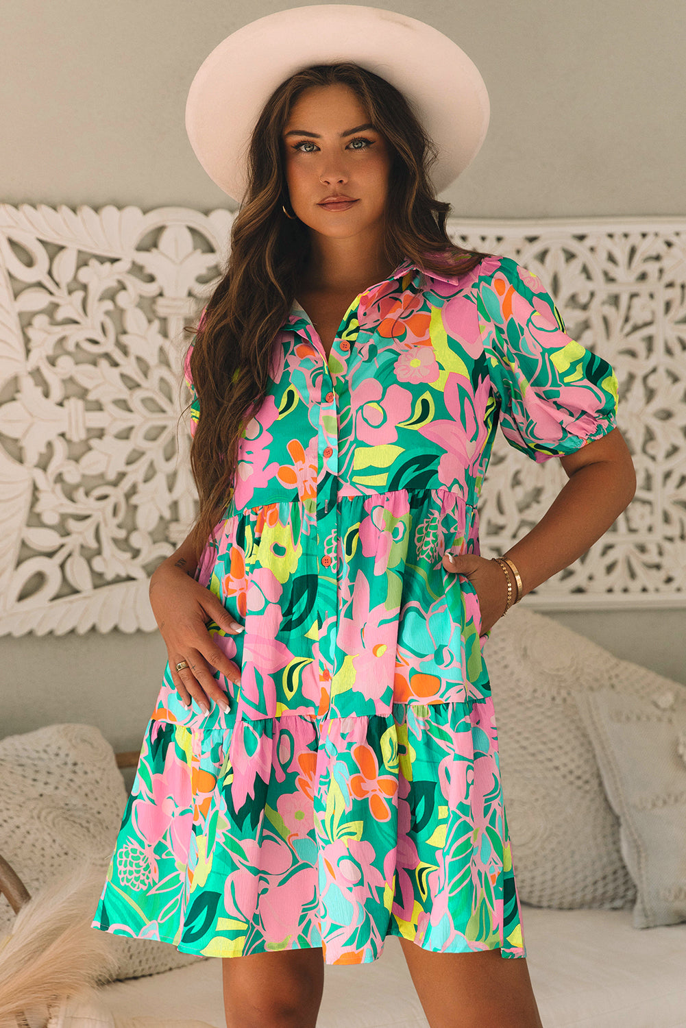 Green Floral Puff Sleeve Collar Buttoned Babydoll Dress.