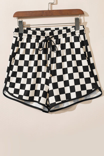 Black Checkered Drawstring Elastic Waist Casual Shorts.