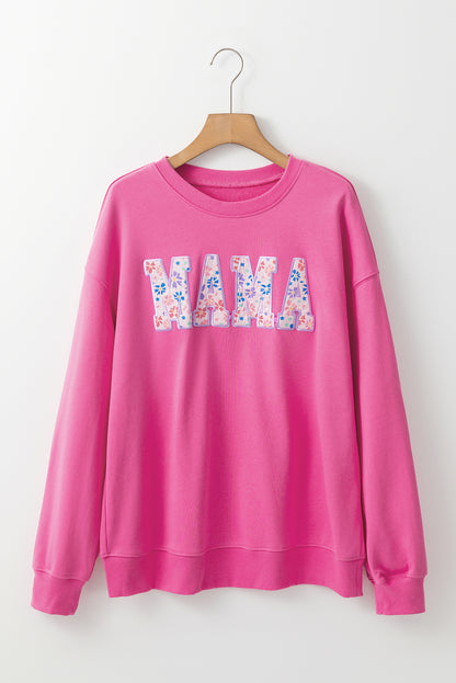 Rose Red Floral MAMA Embroidered Graphic Pullover Sweatshirt.