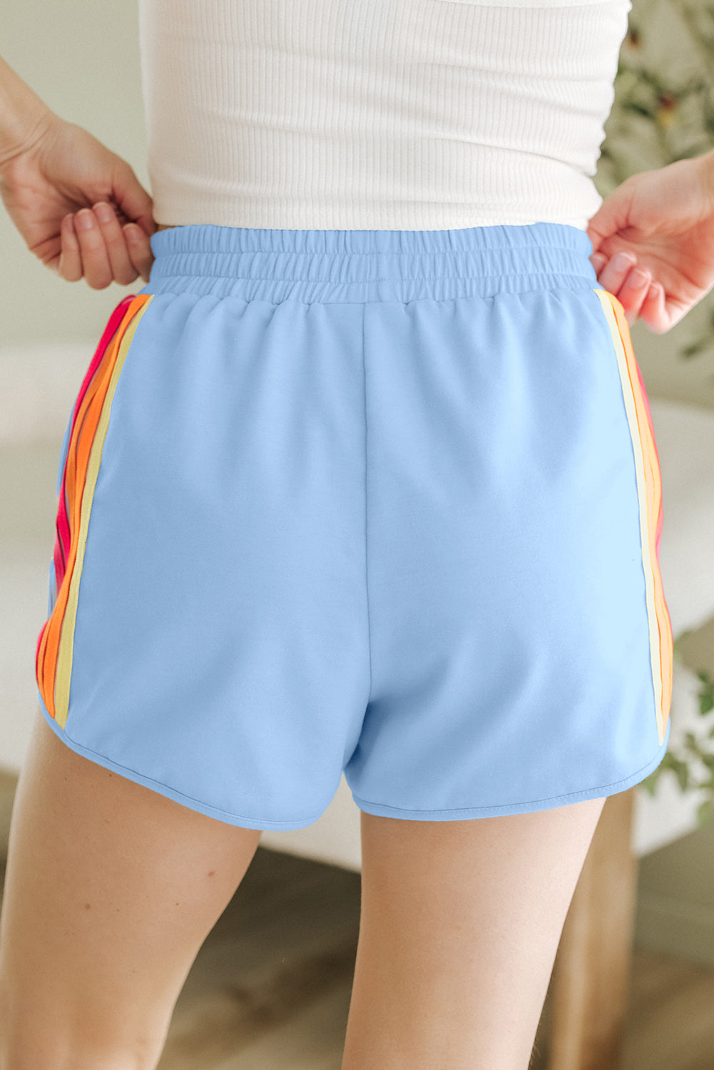 Beau Blue Color Block Stripes Elastic High Waist Active Shorts.