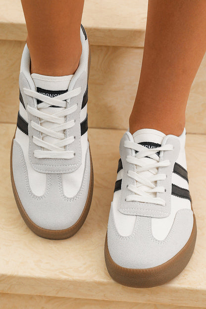 White Striped Lace-up Flat Sneakers.
