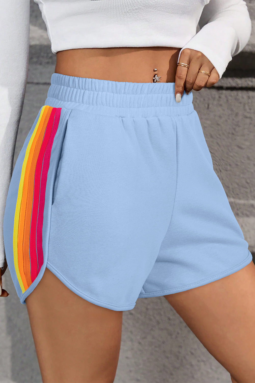 Beau Blue Color Block Stripes Elastic High Waist Active Shorts.