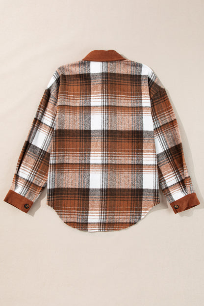 Cinnamon Plaid Corduroy Patchwork Chest Pocket Shacket.
