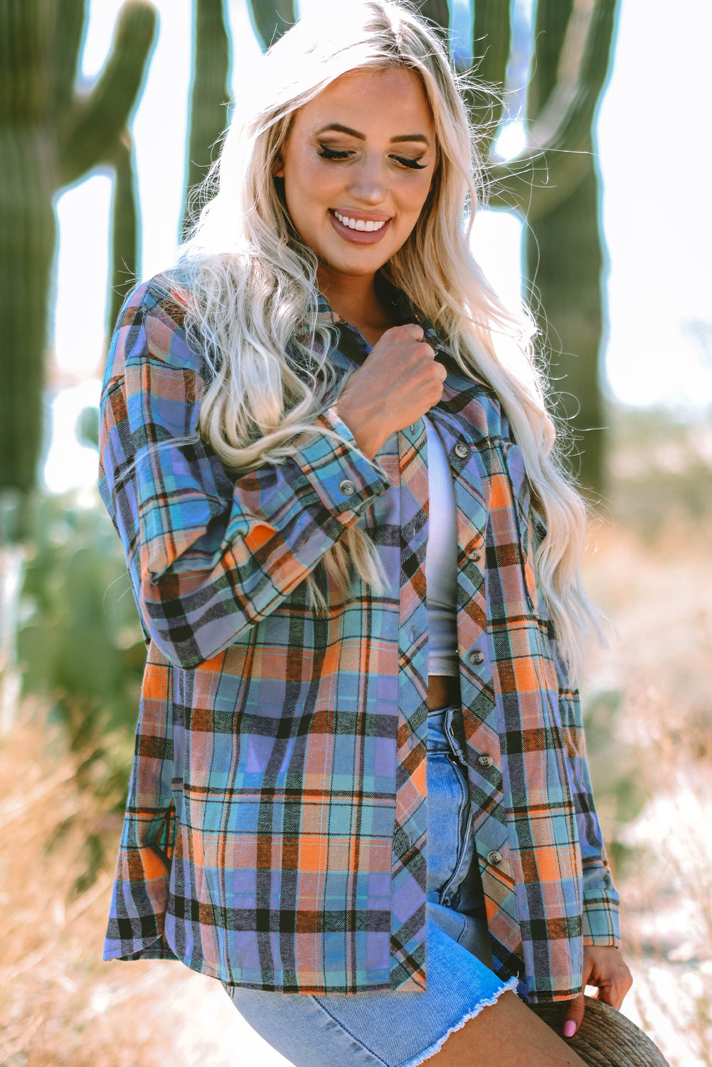 Orange Plaid Print Loose Vintage Shirt.