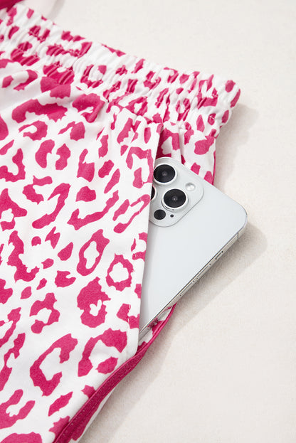 Pink Leopard Elastic Waistband Lace up Contrast Trim Casual Shorts.