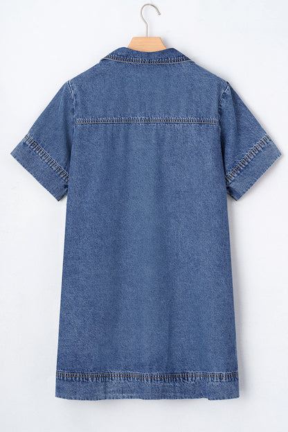 Blue Short Sleeve Collared Patched Pocket Denim Mini Dress.
