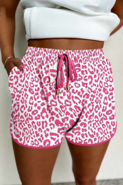 Pink Leopard Elastic Waistband Lace up Contrast Trim Casual Shorts.