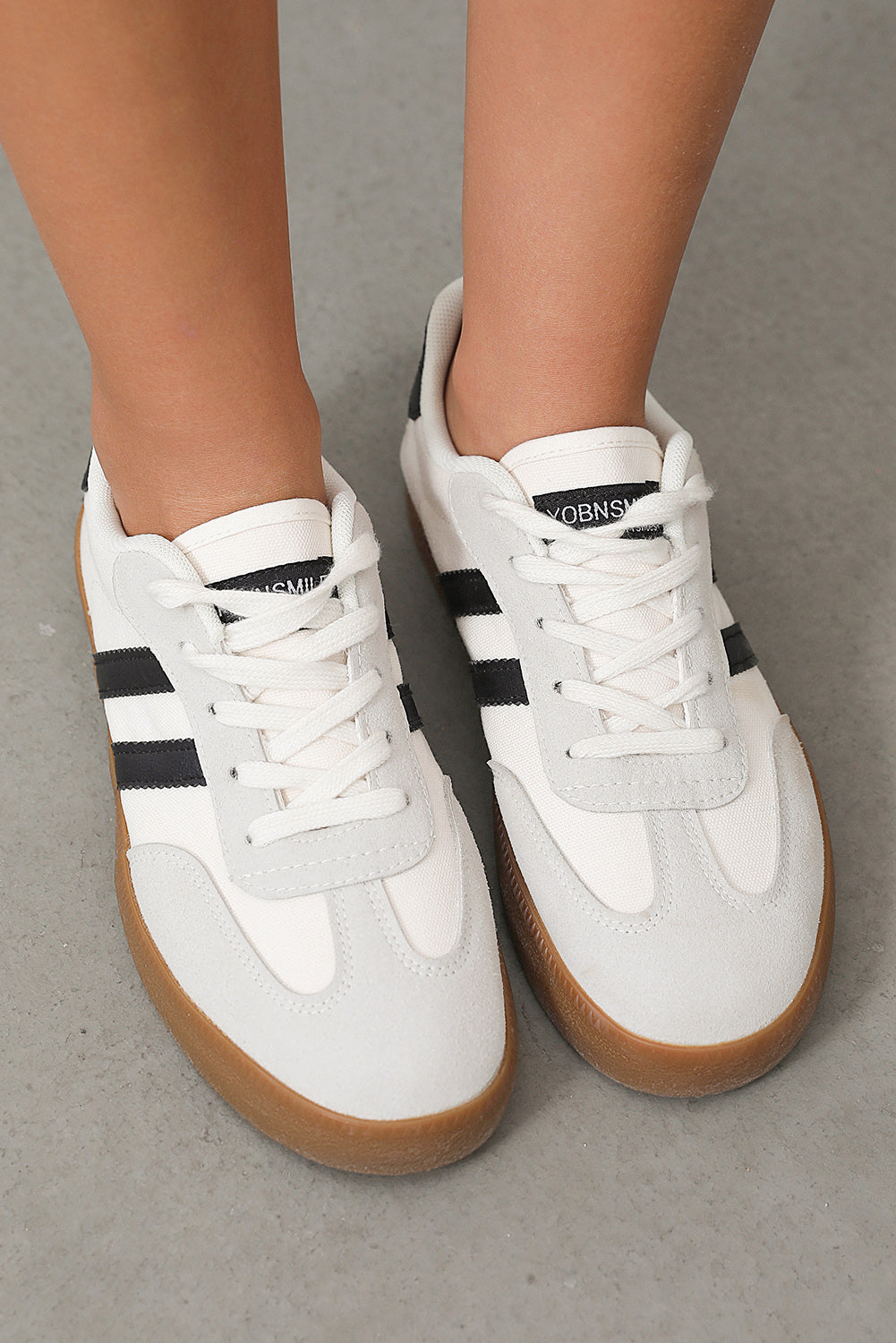White Striped Lace-up Flat Sneakers.